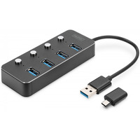Hub USB 3.0/Koncentrator 4-portowy USB A + adapter USB-C 5Gbps z wycznikami, aluminiowy, pasywny