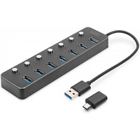 Hub USB 3.0/Koncentrator 7-portowy USB A + adapter USB-C 5Gbps z wycznikami, aluminiowy, aktywny