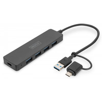 Hub USB 3.0/Koncentrator 4-portowy SlimLine USB A + adapter USB-C 5Gbps, zcze zasilania USB-C