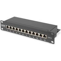 Patch panel 10" 12 portw, kat.6, S/FTP, 1U, wspornik kablowy, czarny (kompletny)